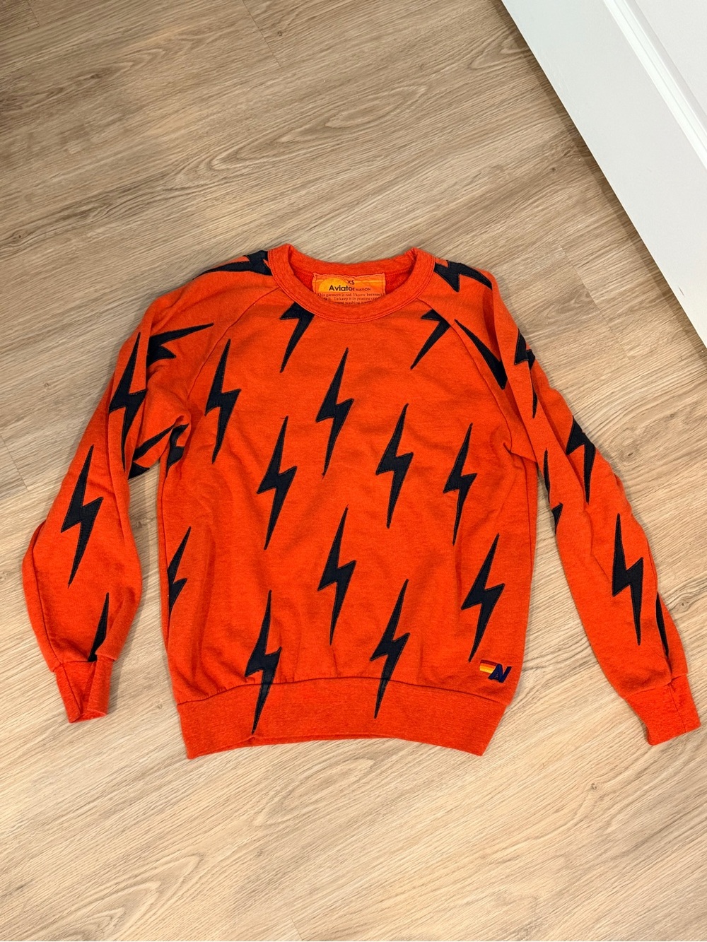 Aviator Nation Orange / Red Crewneck Sweater with Black Lightning Bolts